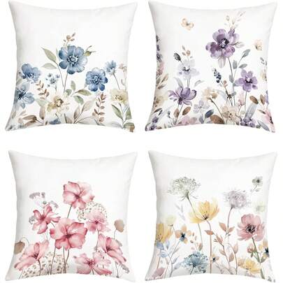 4 Stücke Aquarell Blau Blumen Kissenbezüge, 40x40cm/45x45cm/50x50cm Lila Blumen Garten Landhausstil Dekokissenbezüge für Zuhause, Sofa