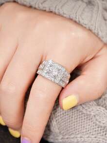 1pc Elegant Cubic Zirconia Ring, Women's Wedding Engagement Party Jewelry Gift - Silver - View 6