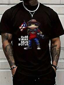 1pc Men'S  Puerto Rico Tree Pattern-Shirt-Debi Tierra Mas Fotos Design, Casual Crewneck Summer Short Sleeve Shirt, Unique Holiday Idea, Print-Shirt, Durable Fabric - 黑色 - 查看 2