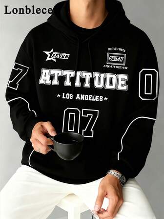 Lonblece 1pc Men's Retro American Letter Print Casual Striped Patchwork Pullover Sweatshirt Sweatshirt, Autumn/Winter