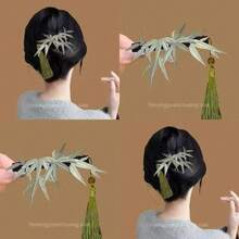 1pcs Chinese Bamboo Floral Hairpin - Elegant Vintage Hair Clip With Green Bamboo Leaves, Non-Damaging Spring Clip For Women's Updos, Braids, Buns - Wedding, Party, Everyday Hairstyle Accessory - Asian Beauty Decoration, Chinese Hair Accessories, Traditional Hairstyle, Delicate Tassels, Intricate Detailing, Decorative Hairpiece, Bridal Accessories - 2pcs - 查看 4