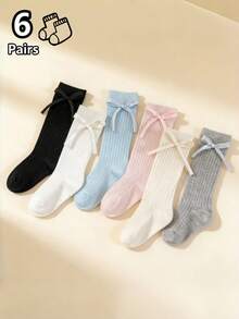 1/6 Pairs Girls Princess Style Bowknot Long Socks, Soft Breathable Elastic, Versatile For All Seasons Daily Party Wear - Multicolor - View 12