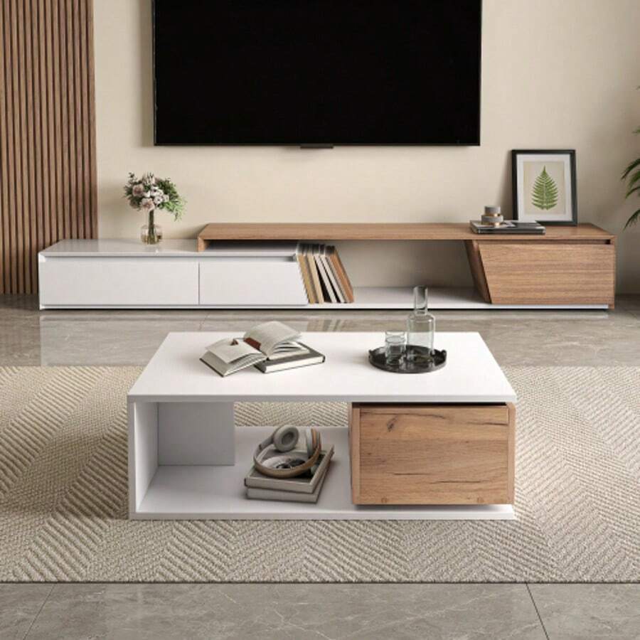 Coffee Table 90 X 50 X 30 Cm, 360° Swivel Drawer, Coffee Table With 1 Drawer, High-Gloss Lacquered Living Room Table With Open Storage Space, Side Table, White And Wood Finish - White + Natural Wood Color - View 1