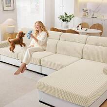 MAXIJIN Couch Cushion Covers For Sectional Sofa, Stretch Sofa Cushion Cover Washable Furniture Protector With Elastic Bottom & Non-Slip Strap For Pets  (1PC Chaise Cover, Beige) - 千鳥格米色 - 查看 1