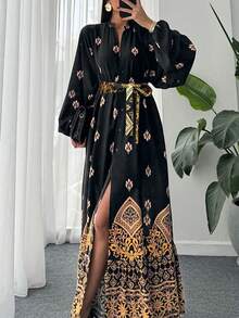 Spring /Summer Women's Dress, Vintage Print Dress With Belt And Buttons