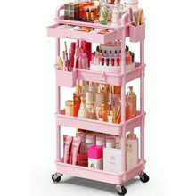 Makeup Cart Organizer With Drawers Floor Skincare Organizers Vanity Storage Organizer Rolling Makeup Bathroom Storage Cart Cosmetics Display Cases For Skin Care Perfume Nail Polish Pink - 粉紅色+4層 - 查看 1