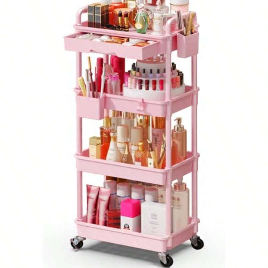 Makeup Cart Organizer With Drawers Floor Skincare Organizers Vanity Storage Organizer Rolling Makeup Bathroom Storage Cart Cosmetics Display Cases For Skin Care Perfume Nail Polish Pink - 粉紅色+4層 - 查看 1