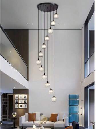 Switch-Controlled LED Tri-Color Lights, Large Chandeliers For High-Rise Hall Stairs, Luxurious Duplex Villas, Hotels, Living Rooms, Dining Rooms, Modern And Simple Crystal Aerial LOFT Chandeliers, The Height And Shape Of The Suspension Wires Are Adjustable, 12 E27 Bulbs Are Shipped, The Lighting Range Is 40 Square Meters
