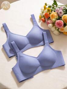 2pcs/Set Minimalist Comfortable Sports Bras For Women, Wireless, Solid Color - Blue - View 1