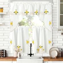 TendenciaPaquete De 3 Cortinas De Cocina De Tul Con Bordado Floral GirasolCalidad premium - 1 - Ver 1