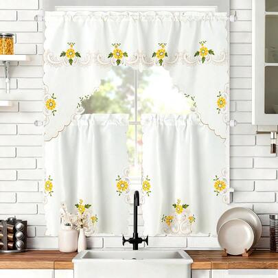 TendenciaPaquete De 3 Cortinas De Cocina De Tul Con Bordado Floral GirasolCalidad premium