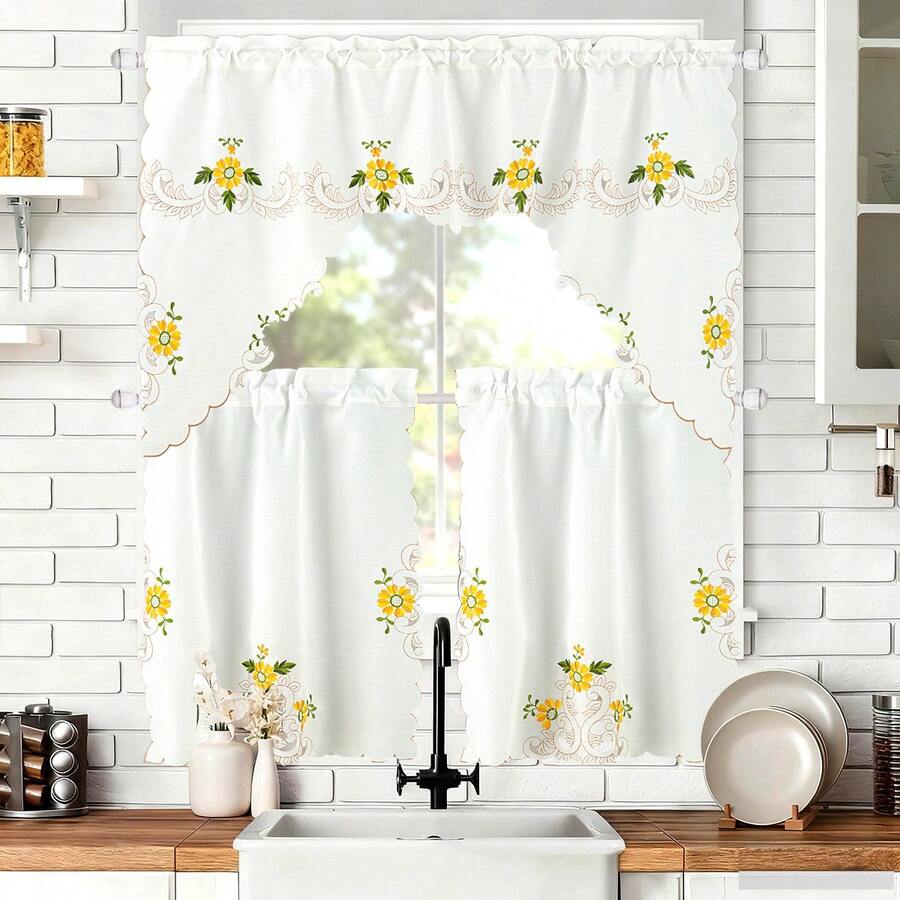 TendenciaPaquete De 3 Cortinas De Cocina De Tul Con Bordado Floral GirasolCalidad premium - 1 - Ver 1