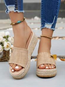 Women's Wedge Heel Rope Peep Toe Slippers, Thick Sole Platform Sandals For Summer Outdoor Wear - Khaki - View 7