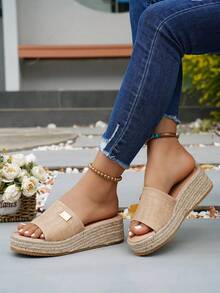 Women's Wedge Heel Rope Peep Toe Slippers, Thick Sole Platform Sandals For Summer Outdoor Wear - Khaki - View 1