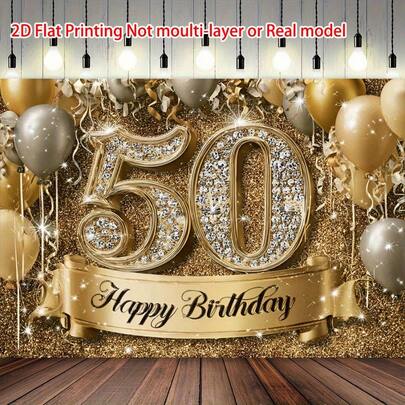 Pancarta de fondo para fiesta de 50 cumpleaños - Diseño de globos brillantes de poliéster negro y dorado para celebración del 50 aniversario - Fondo fotográfico de uso múltiple para decoración interior y exterior