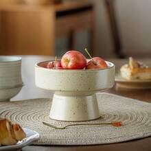 1pc Retro Ceramic High Footed Plate, Vintage Fruit Plate, Living Room Tea Table Snack Tray - Beige - View 3