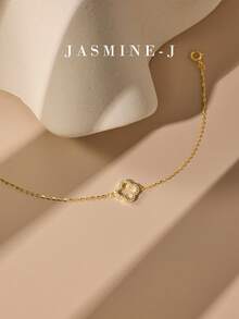 1pc 925 Sterling Silver Hollow Four-Leaf Clover Bracelet, Inlaid With Full Diamonds, Paired With Gold Chain. Classic, Elegant, Minimalist, Exquisite Women's Bracelet, A Unique Valentine's Day Gift For Her. - Multicolor - View 4