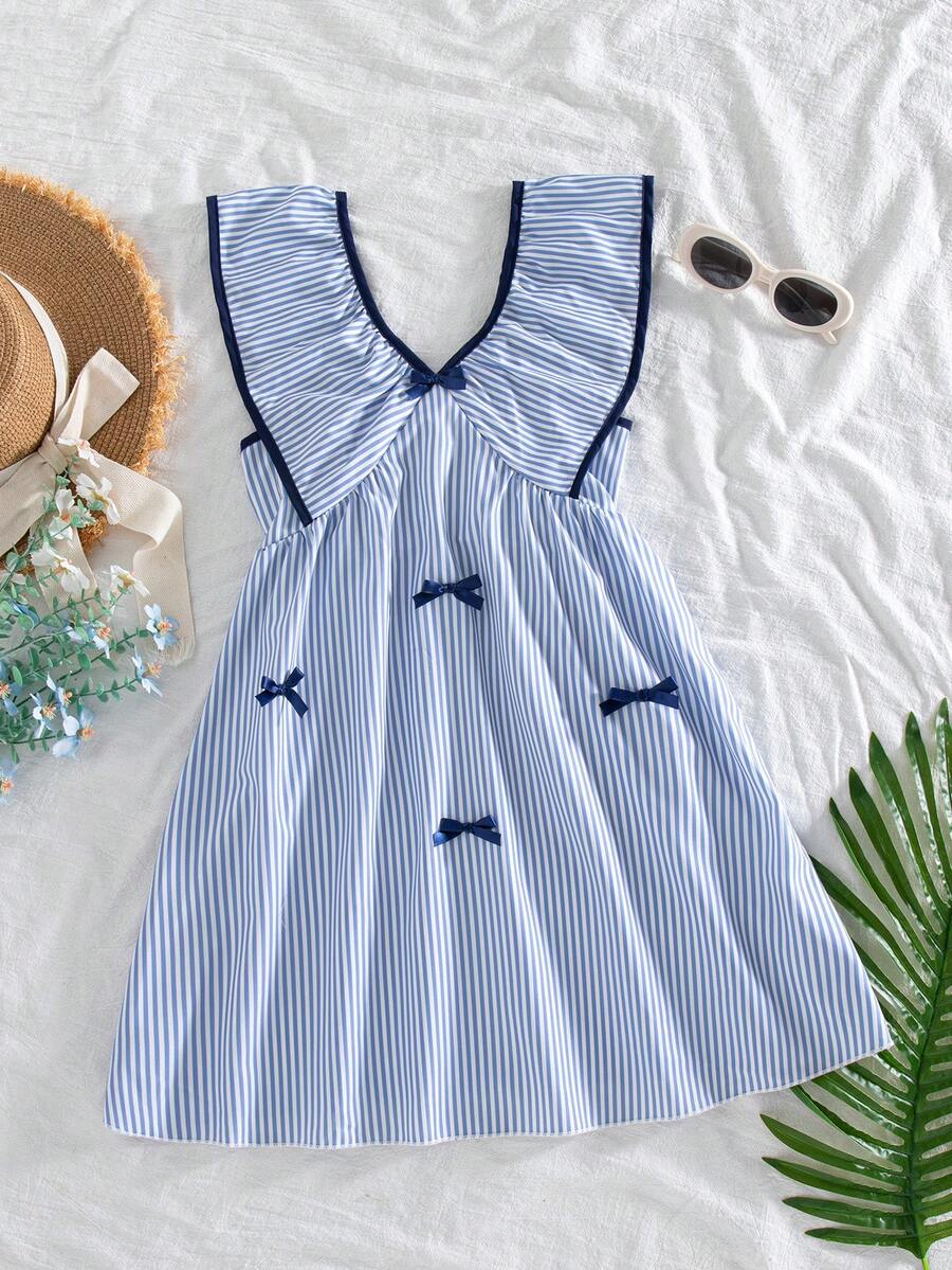 Girls' Casual Everyday Outing Fashion Striped Patchwork Bow Decor Ruffle Sleeve V-Neck Short Sleeve Knee-Length Casual Dress, Spring/Summer - Blue - View 1