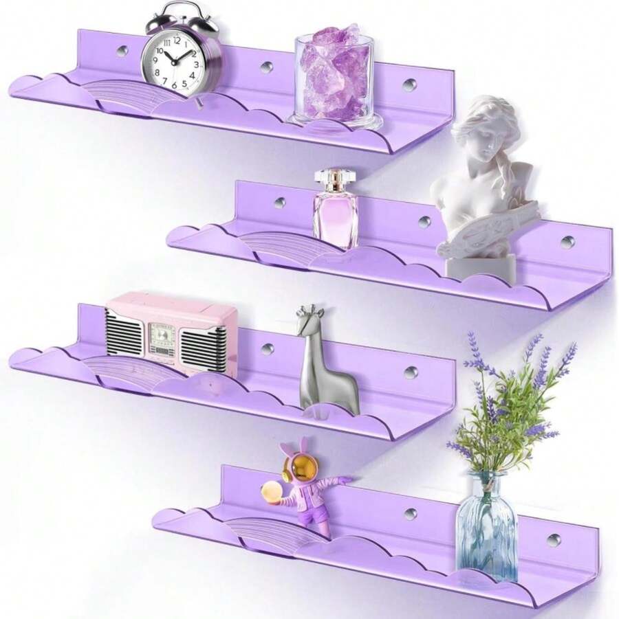Rainbow Acrylic Floating Shelves, 15in Kids Wall Mounted Nursery Bookshelves, Display Ledge For Books Toys Cosmetic Storage, Bathroom Bedroom Living Room Wall Organizer, 4 Pack, Purple - ColorF - 查看 1