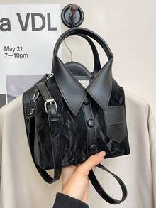 Dedoo 哥特风单件包，造型独特，采用PU材质，长肩带，单肩/斜挎包，性感少女风，简约衬衫设计，时尚独特的女士手提包，小方斜挎包。 - 黑色 - 查看 5