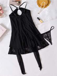 2pcs New Mesh Patchwork Jacquard Lace Sheer Sexy Lingerie Set Includes Camisole And Panty - Black - View 7
