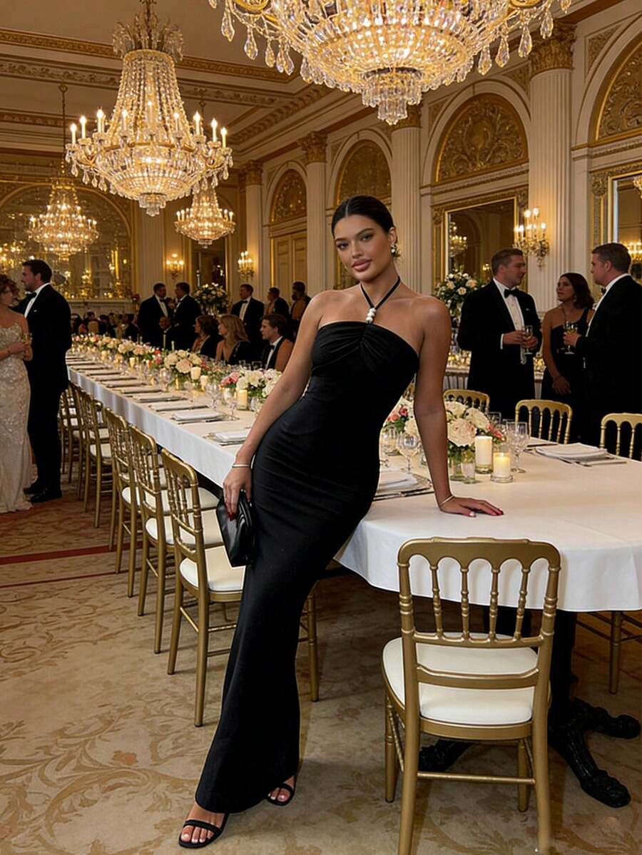 New Women's Fitted And Sexy Neck-Beaded Design Dress, Ladies' Summer Elegant Backless Sleeveless Long Dress, With Ruffles, Back Exposure, Shoulder Exposure, European-Style Solid-Color Dress, Elegant Party Dress, Banquet Dress.