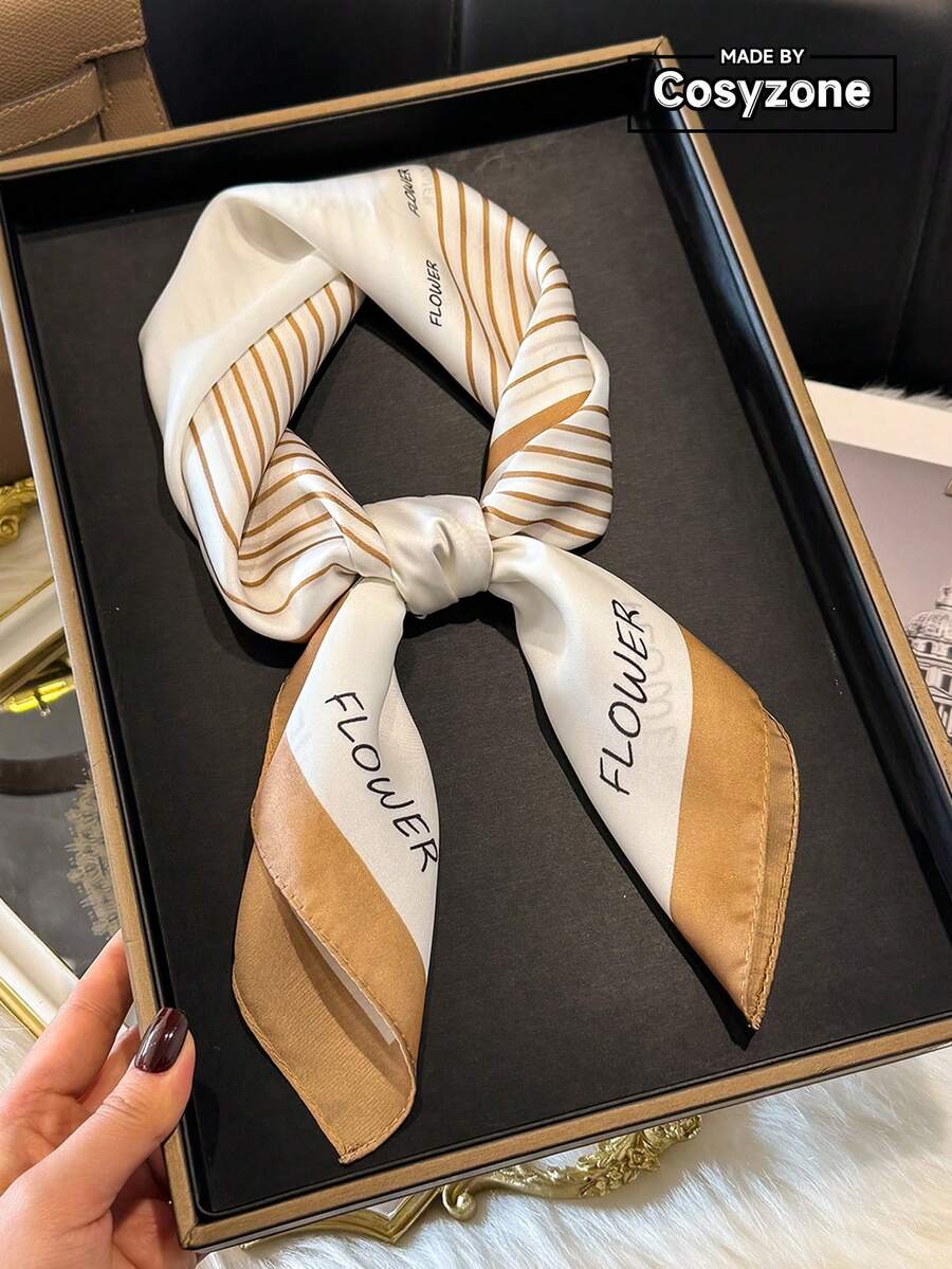 1条简约条纹印花仿丝方巾，27.5英寸，女士春夏必备头巾，时尚百搭，可作发圈、腰带、领巾、发饰