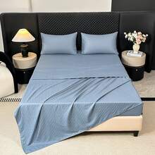 1 Set 4-Piece Satin Striped Bedding Set, Includes 1 Bed Sheet, 2 Pillowcases, 1 Fitted Sheet, Polyester Fiber, Modern Minimalist Style, Skin-Friendly Soft, Suitable For Hotel, Home, Hostel, Bedroom - Dusty Blue - View 17