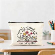 1pc Zipper Closure Fabric Makeup Bag, Casual Bookworm Cosmetic Pouch, Floral Pattern Travel Toiletry Organizer, Ideal For Women, Sisters, Friends - Outdoor, Camping, Party - Multicolor - View 5
