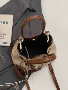 1pc Unique Design Handbag With Pendant, Snap Closure Contrast Color Shoulder Bag, Fabric And PU Material, Suitable For Work, Shopping, Dating, Travel - Brown - View 7