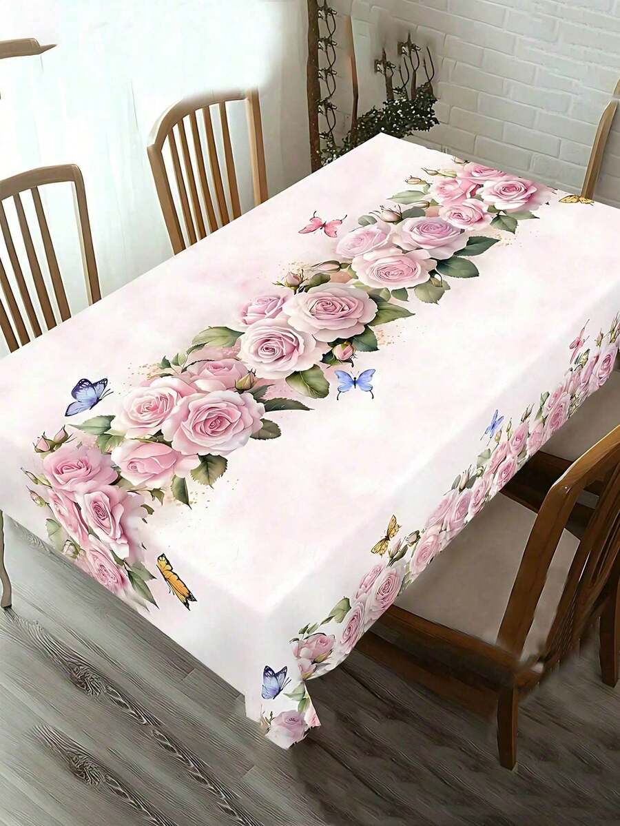 1pc Spring Floral Tablecloth, Pink Rose & Butterfly Pattern Design, Rectangular & Round Tablecloths, Spring Decor, Valentine's Day, Mother's Day, Wedding Season Party Tablecloth, Kitchen Accessory, Room & Outdoor Decor, Ideal Gift - Multicolor - View 1