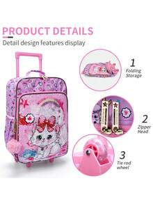 BLING BABIES Maleta infantil con ruedas, de material con lentejuelas, con patrón de gato rosa doble, con función de brillo en la oscuridad, maleta de mano para la escuela primaria, adecuada para fines de semana y viajes - Rosa - Ver 6