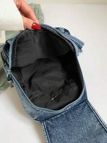 1pc Solid Color Cute Puppy Cartoon Embroidered Denim Fabric Zipper Closure Fashion Casual Messenger Bag/Backpack For Men, Suitable For Daily Commute, Work, School, Shopping, Short Trip - Blue - View 11