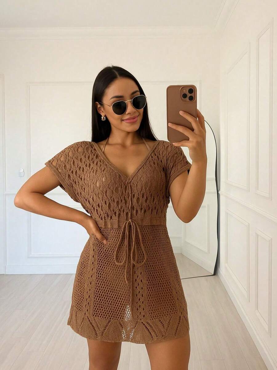 Beach Cover-Up Short Knit Dress With Adjustable Strap - Beige - View 1