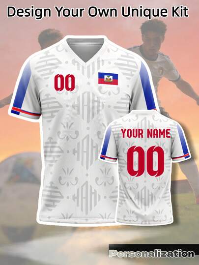 1pc Customized Haiti V-Neck Soccer Jersey, Personalized With Your Name And Number On Front And Back, Breathable And Comfortable, Suitable For Soccer, Basketball, Volleyball Matches, Training And Casual Wear, Men's Sports Customized Training Outfit, Great Gift For Halloween, Thanksgiving, Christmas And New Year, Spring/Summer/Autumn