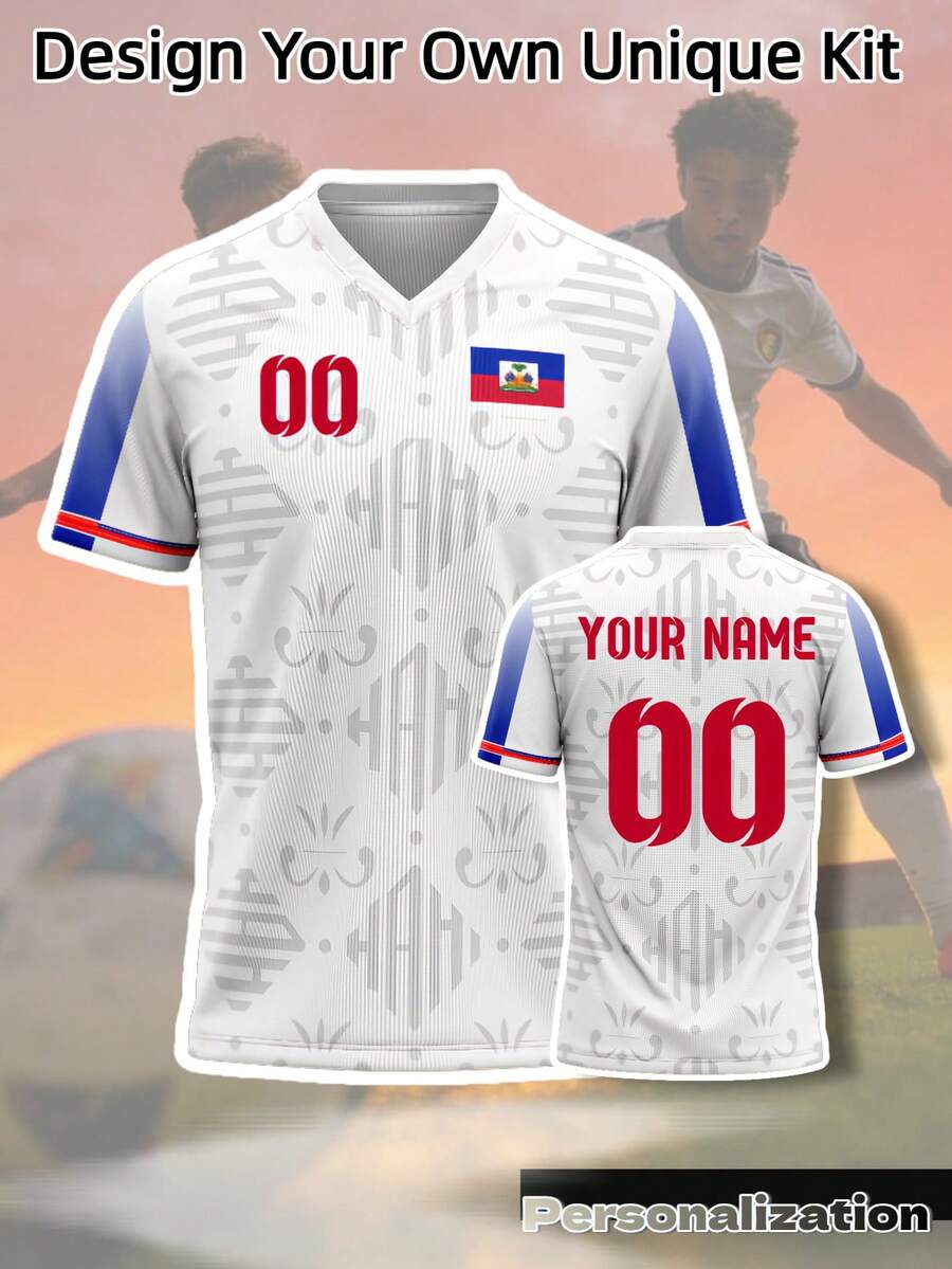 Áo bóng đá cổ chữ V Haiti tùy chỉnh, in tên và số của bạn ở mặt trước và mặt sau, thoáng khí và thoải mái cho cả tập luyện và mặc thường ngày. - trắng - Xem 1