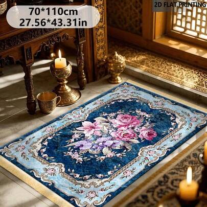 1pc Vintage Floral Pattern Prayer Mat, Pink Rose On Blue Background, Worship Rug, Easy To Clean