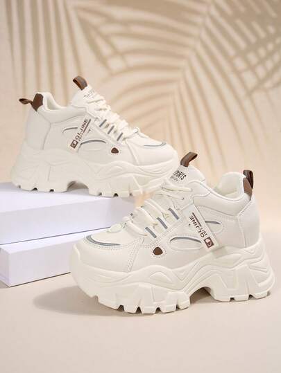White Hidden Wedge Casual Sneakers For Women, Platform Chunky Sole Sporty Shoes