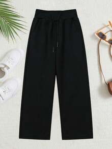 Quần thể thao nữ ống rộng cạp cao tối giản, thích hợp cho mùa xuân và mùa hè, quần thể thao co giãn thoải mái, quần yoga co giãn cao, đồ thể thao nữ, vải dệt kim, co giãn và thoải mái, thích hợp cho mặc hàng ngày và tập luyện. Màu đen. - màu đen - Xem 3