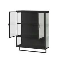 60CM Glass Doors Modern Two-Door Wall Cabinet With Featuring Two-Tier Enclosed Storage, An Open Shelf, And Towel Rack, For Entryway Living Room Bathroom Dining Room,Black - Black - View 3