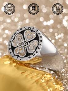 1pc S925 Sterling Silver Nordic Viking Rune Symbol Ring, Celtic Knot Four-Leaf Clover Vintage Punk Style Ring For Men, Hollow Celtic Heart Design, Suitable For Daily Wear And Parties, Gift Box Included - Four-leaf Clover Kuhn Rune - View 13