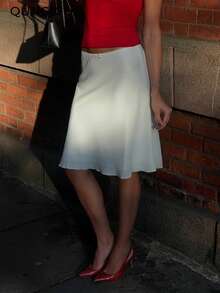 QUNGIGU Women's Silky Satin Skirt With Cute Bow Detail, Lace Waistband, Flowy A-Line Skirt, Elegant Casual Outfit For Date, Holiday - White - View 5