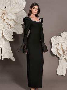 Handmade Beaded Flare Sleeve Knit Bandage Bodycon Dress, Luxury Sexy Fitted Cocktail Party Gown For Holiday, Family Gathering, Evening Event - Black - View 4