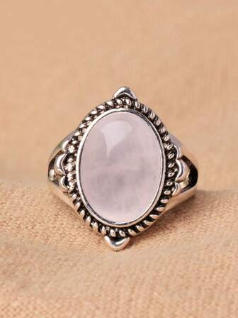 1pc Fashionable Oval Pink Quartz Ring, 1pc Women's Solid Color Gemstone Ring