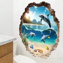 1 Set Blue Ocean & Dolphin Decorative Wall Stickers, Self-Adhesive For Bathroom, Living Room, Bedroom, Removable Home Decor - Baby Blue - View 4