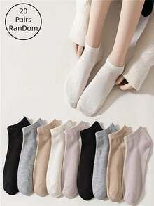 1/5/10/15/20 Pasang Kaos Kaki Pendek Minimalis Kasual Wanita Warna Polos, Warna Hutan Acak - MultiWarna - View 24