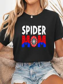 Spider Web Mom T-Shirt 100% Cotton Short Sleeve Crew Neck Mothers Day Birthday Gift For Women Superhero Graphic Tee Funny Mommy Spidey Design Novelty Soft Breathable Casual Summe-2 - 黑色1 - 查看 2