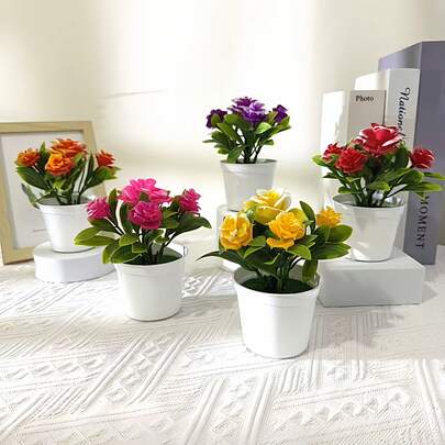 5头人造玫瑰，塑料盆栽，是送给女性和母亲的理想礼物，适合商店、家庭、酒店和办公室的桌面装饰，也是生日、毕业典礼和情人节的绝佳选择。