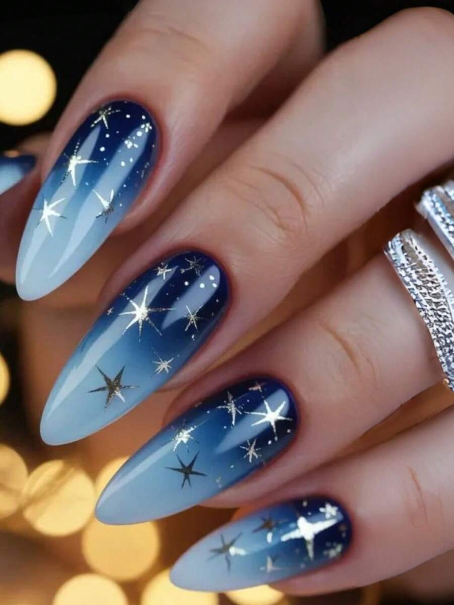 24 adesivos de unha em formato de estrela azul degradê, acessórios para nail art Y2K - Azul Real - Ver 1