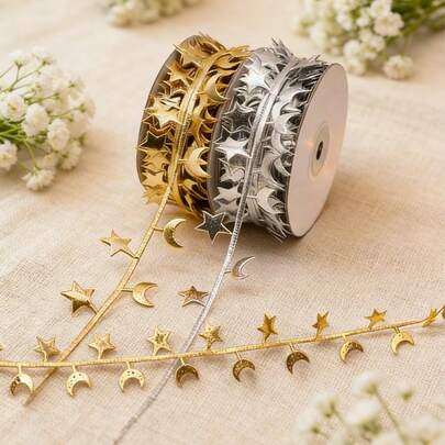 A Decorative Ribbon Adorned With Stars And Moon Patterns(5M/196.85in), Suitable For Ramadan, Eid Al Fitr, Home Decoration, Household Items, Valentine's Day Decoration, Gift Packaging, Eid Al Adha Decoration, And Eid Al Fitr Table Decoration, Ramadan Decorations, Gift Decorations, Party Supplies(Gold/Silver)